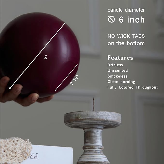 MOZEAL Hand-Poured, 6 Inch Burgundy Large Round Ball Candles - Elegant Burgundy Round Pillar Candles, Dripless, Unscented, Smokeless, Ideal for Intimate Gatherings.