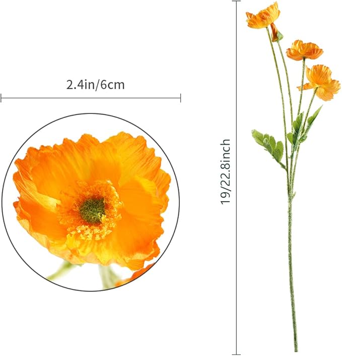 Artificial Poppy Flowers, 5 Bundles Faux Poppies with Stems for Floral Arrangements - Wedding, Home, Office, Party Table Centerpiece Decor (Orange)