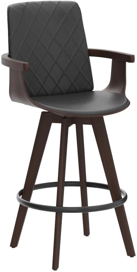Counter Stools Set of 2, Upholstered Faux Leather Counter Height Bar Stools, Swivel Counter Chairs with Wooden Arms and Legs (Black, 26" Seat Height)