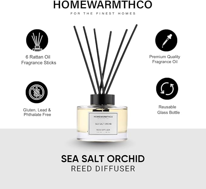 Sea Salt Orchid Reed Diffuser Set - Luxury Fragrance Reed Diffusers for Home, Office & Bathroom Décor -Long Lasting Scent Sticks Diffuser with Non-Toxic Oils (5.63 oz)