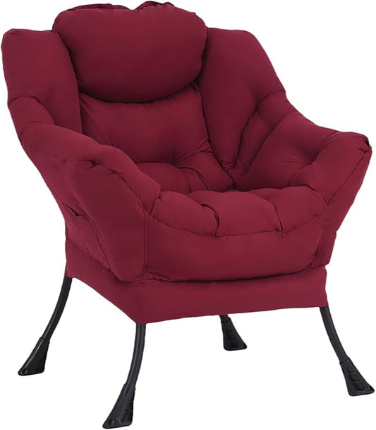 Welnow Lazy Chair for Living Room, Modern Reading Lounge Accent Chair with Armrests and a Side Pocket, Leisure Upholstered Lazy Sofa for Small Space, Bedroom, Dorm, Burgundy