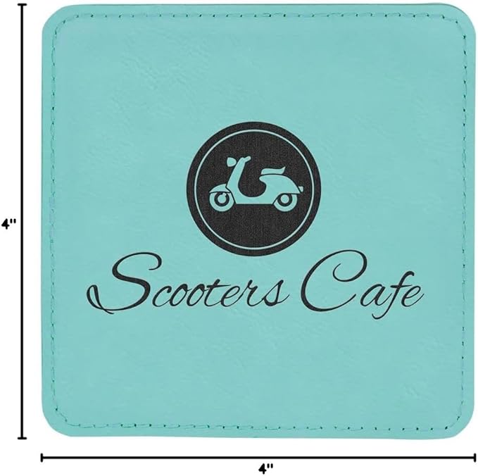 Custom Engraved Coasters | Personalized Leather Coaster | Set of 6 | Drink Coasters with Holder | Laser Engraved | Tabletop Protection | Gift for Couples (Square 4" x 4", Teal w/Black)