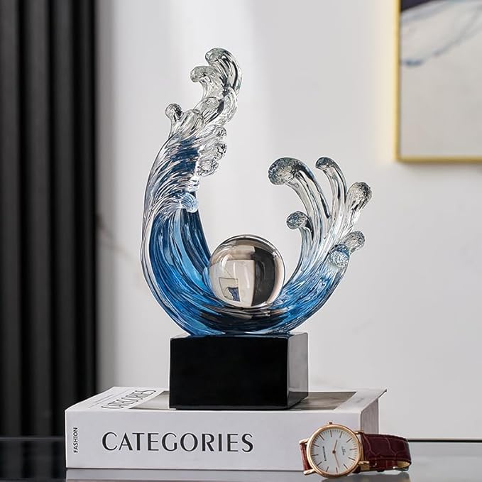 Modern Abstract Decorative Wave Statue, Blue Abstract Art Home Decor,Crystal Ball Art Wave Resin Sculpture, Office Desk Stand, Dining Table Center Decorative Aesthetics (A,Navy-Blue)