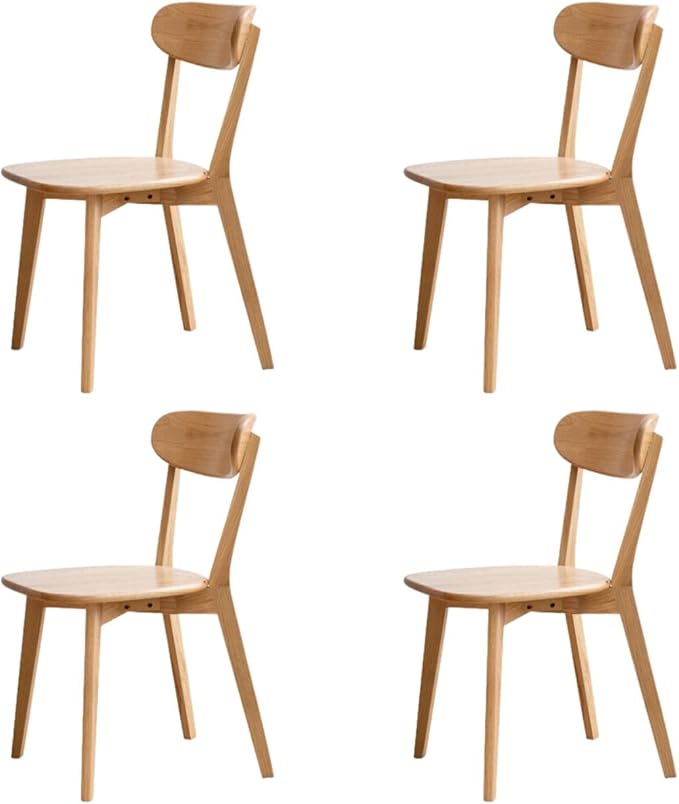 Mid Century Oak Wood Dining Chairs Set of 4, 100% Solid Wood Kitchen Chair with Rounding Edges & Curved Backrest, Modern Armless Accent Dining Chairs for Kitchen Dining, Natural Oak