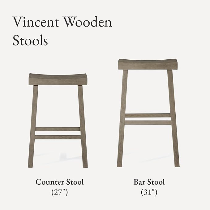 Maven Lane Kitchen Bar Stool, Modern Farmhouse Wood Barstool, Kitchen Island Chairs, Pub Bar Height Stools for Kitchen, Wide Comfortable Seat Backless Bar Stools, Vincent 31 Inch, Antiqued Grey