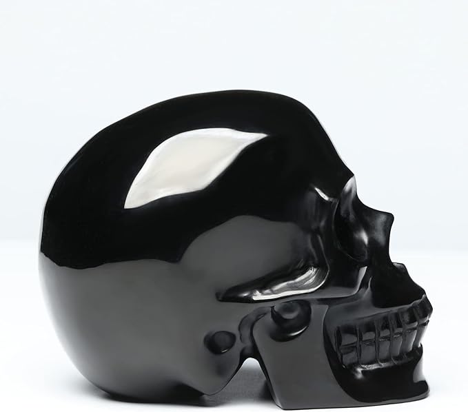 5''Natural Black Obsidian Crystal Skull Head Hand Carved Reiki Healing Stone Statue Healing Home Office Art Room Decoration