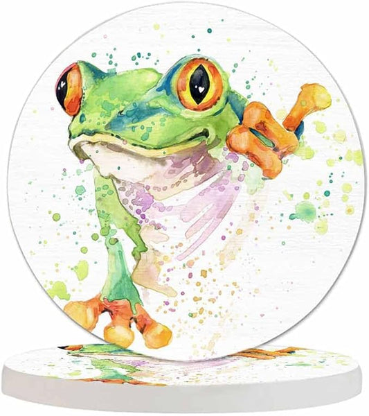 Cute Frog Coasters for Coffee Table Watercolor Funny Wild Animal Splash Stain Smile Pet Sketch Classic Housewarming Presents for Women Men Home Decor Office Kitchen Living Room 2 Pcs