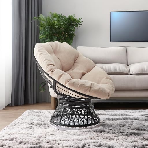 Bme 40" Ergonomic Wicker Papasan Chair with Soft Thick Density Fabric Cushion, High Capacity Steel Frame, 360 Degree Swivel for Living, Bedroom, Reading Room, Lounge, Sepia Sand - Black Base