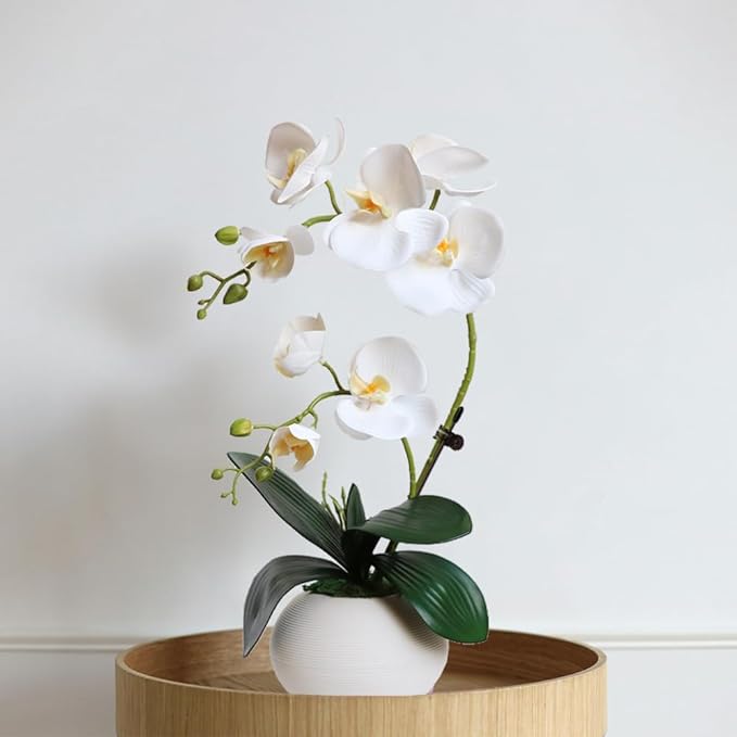 LESING Artificial Potted Orchid Flower for Table Centerpieces,Real Touch White Fake Orchid Flowers in Vase for Home Decoration (Style 5,White)