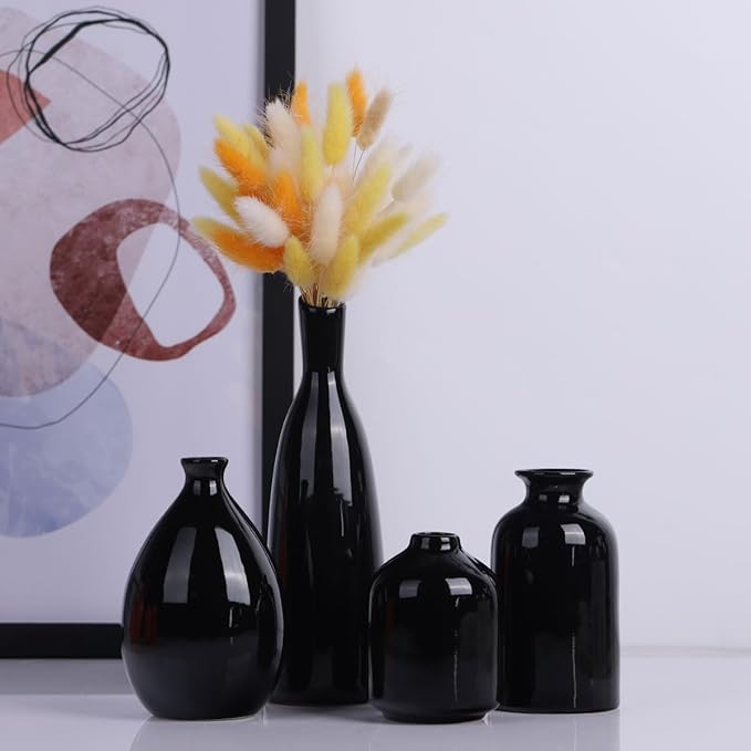Black Ceramic Bud Vases Set of 4, Farmhouse Mantel & Shelf Accents, Small Vases for Living Room, Entryway, Bathroom, Kitchen & Office Decor, Coffee Table Centerpieces, Bulk Mini Vases