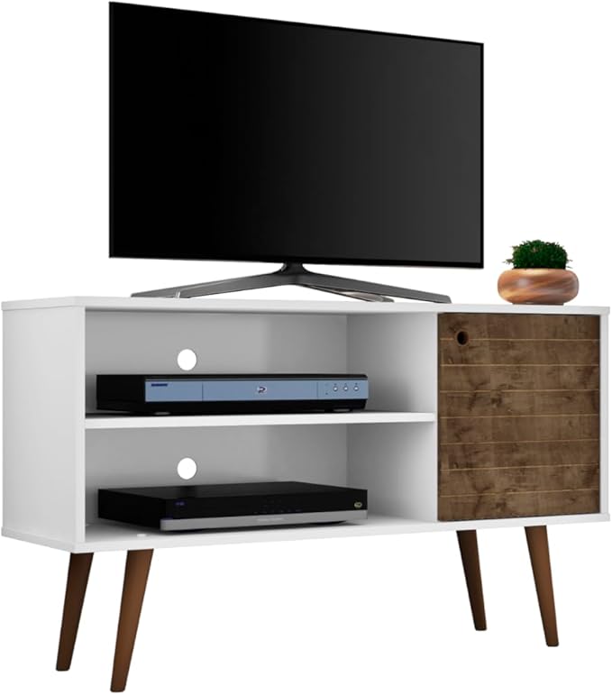 Manhattan Comfort Liberty Mid Century Modern TV Stand for Televisions up to 46 Inches, Bedroom and Living Room Entertainment Center with Storage, Shelves, and Cabinet, 43" Wide, White/Rustic Brown