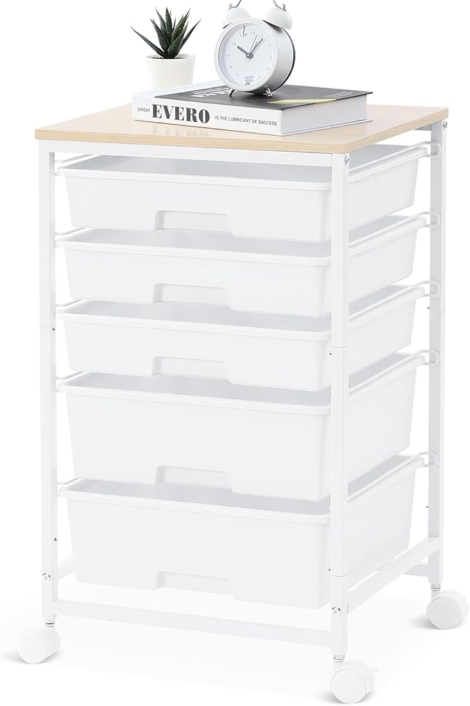 Utility Cart with 5 Drawers,Storage Drawer Cart with Wooden Tabletop and Lockable Wheels,Craft Storage Trolley Cart,5-Tier Rolling Utility Cart on Wheels,Bright White