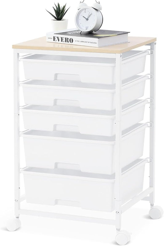 Utility Cart with 5 Drawers,Storage Drawer Cart with Wooden Tabletop and Lockable Wheels,Craft Storage Trolley Cart,5-Tier Rolling Utility Cart on Wheels,Bright White
