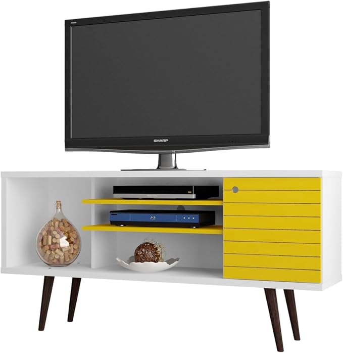 Manhattan Comfort Liberty Mid Century Modern TV Stand for Televisions up to 50 Inches, Bedroom and Living Room Entertainment Center with Storage, Shelves, and Cabinet, 53" Wide, White/Yellow