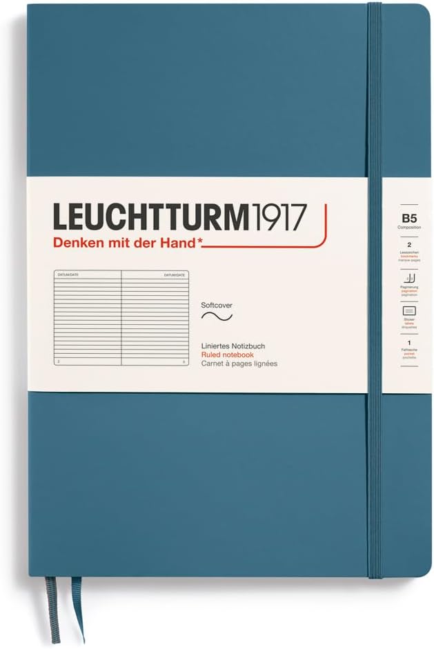LEUCHTTURM1917 - Notebook Softcover Composition B5-123 Numbered Pages for Writing and Journaling (Ruled, Stone Blue)