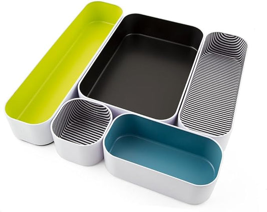 Three by Three Seattle 5 Piece Metal Organizer Tray Set for Storing Makeup, Stationery, Utensils, and More in Office Desk, Kitchen and Bathroom Drawers (2 Inch, Assorted Colors, Stripes)