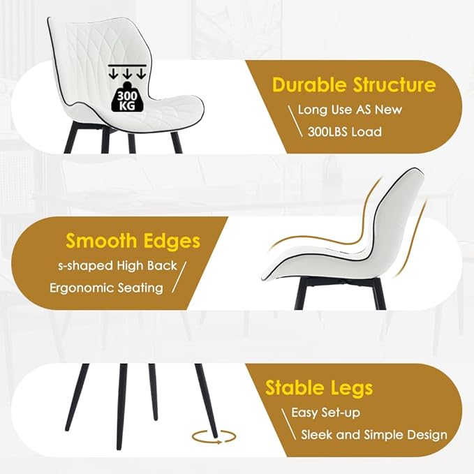 Kidol & Shellder White Dining Chairs Set of 2 Modern Kitchen Chairs with Back Armless Accent Chairs for Living Room Upholstered Faux Leather Chair Mid Century Comfy Side Chair with Metal Legs