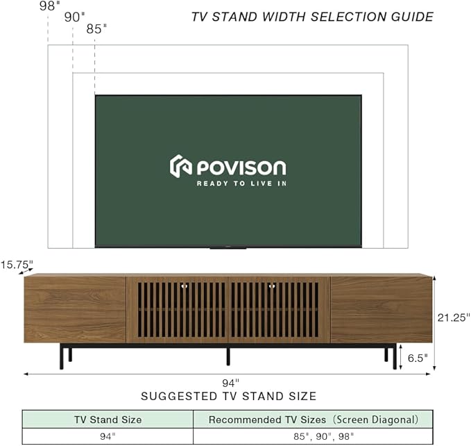 POVISON Full Assembled Mid-Century Modern TV Stand with Slatted Doors, Wood Media Console for 80 85+ Inch TV, TV Console with Tall-cast Metal Legs, Entertainment Center with Storage for Living Room