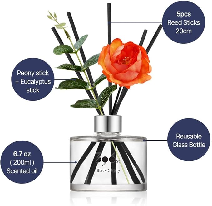 396 st. Peony Flower Reed Diffuser, White Musk, 200ml(6.7oz) / Reed Diffuser Sets, Home Fragrance, Scented Oils, Home & Bathroom Décor