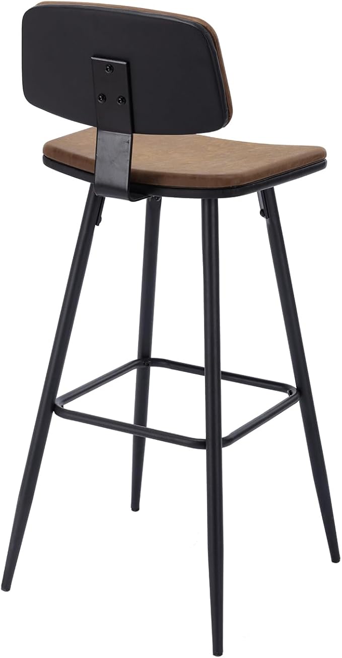 Bar Stools Set of 4, Bar Chairs w/PU Leather Seat and Backrest, Frosted Iron Frame, 29.33'' Seat Height Counter Stools, Simple Assembly, for Dining Room Kitchen Counter Bar, Brown
