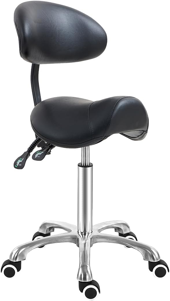 Antlu Saddle Stool Chair with Back Support, Ergonomic Esthetician Stool Chair for Salon Tattoo Spa Medical Dentist Clinic (with Backrest, Black)