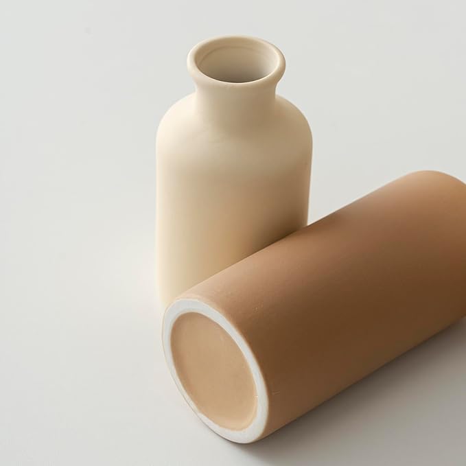 10 Inch Modern Ceramic Vase Set of 3, Neutral Colors, Decorative Bottles for Home, Farmhouse Rustic Decor (Coffee Mix)