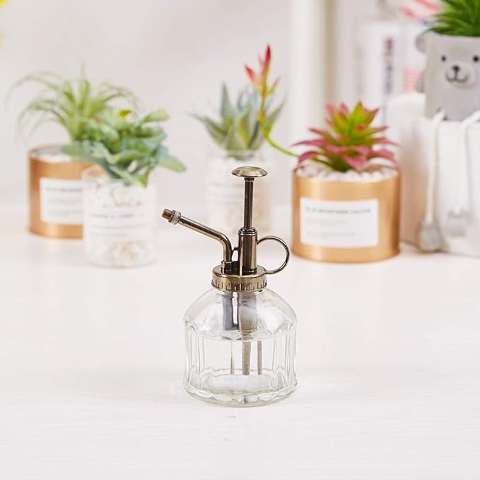 Glass Plant Mister Spray Bottle, 6.5" Tall Vintage Plant Water Spritzer Sprayer, Succulent Watering Bottle with Top Pump, Small Glass Watering Can for Indoor Outdoor Houseplant - Clear