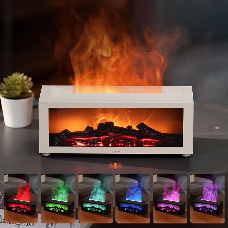 Eseential Oil Diffuser, Fireplace Flame Oil Diffuser - Aromatherapy Aroma Humidifier, Upgrade 7 Flame Colors Noiseless 150ml Remote Control - Perfect for Bedroom Home Office (Fireplace White
