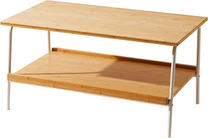 Coffee Table with 2 Tier Storage- Mid Century Modern Center Table, Farmhouse Bamboo Coffee Tables, Small Tea Tables for Living Room, Bedroom, Office, Patio (Natural)