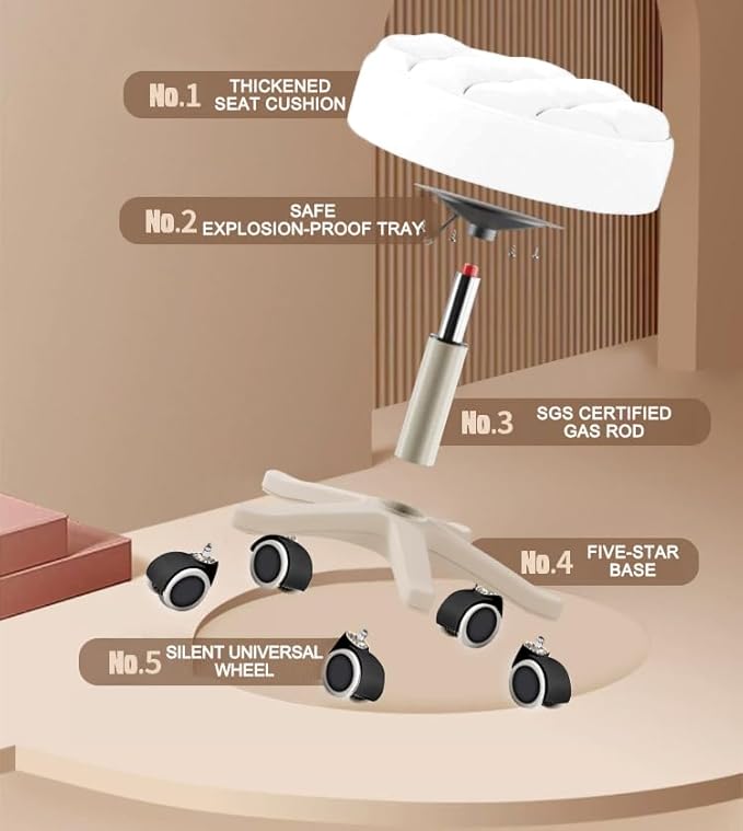 Small Chair Round Rolling Stool with Wheels PU Leather Height Adjustable Swivel Drafting Work SPA Salon Stools Home Office Chair,4 Pack