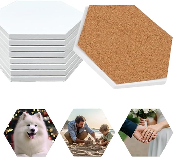 Sublimation Blanks Drink Coasters - Glazed Round Ceramic Absorbent Coasters with Cork Backing Pads,Thermal Transfer Printing Image, DIY Crafts, Painting, Gifts Wedding, and Home Decor (Hexagon 8)