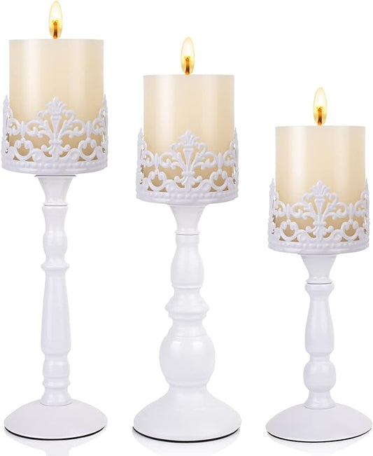 Candle Holders for Pillar Candles Set of 3 White Vintage Tall Candle Holders Decorative Large Table Centerpieces Candle Stand Decor