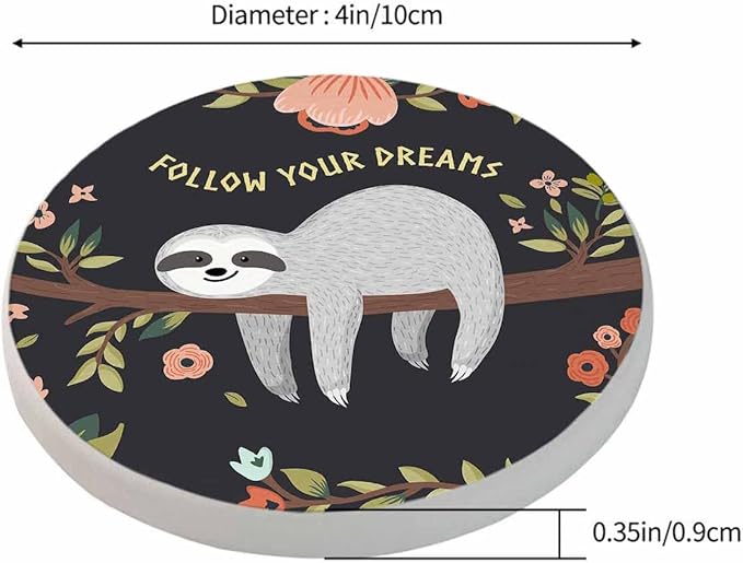Cute Sloth Coasters for Drinks Office Coffee Table Follow Your Dreams Animal On The Tree Beautiful Wreath Living Room Decor Set of 2 for Cold Drinks Wine Mugs and Cups 4 Inch