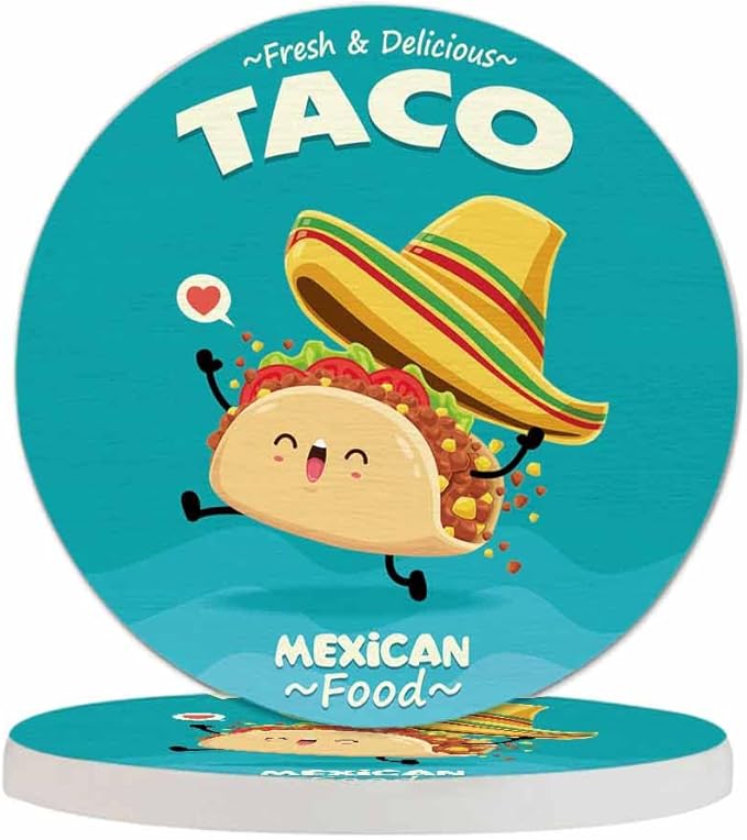 Taco Coasters for Coffee Table Cute Cartoon Mexican Food Funny Happy Hat Lovely Smile Beef Tomato Chicken Housewarming Presents for Women Men Home Decor Office Kitchen Living Room 2 Pcs