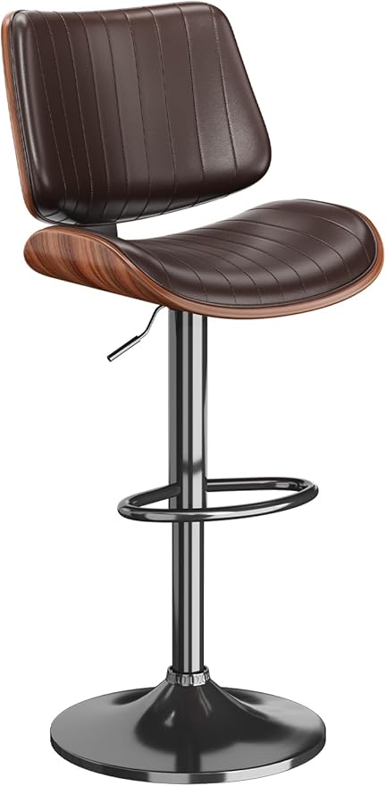 Swivel Bar Stools Set of 1, Adjustable Bentwood Barstools for Kitchen Counter, Modern PU Leather Upholstered Bar Chair with Back and Footrest, for Kitchen Island, Bar, Dining Room, Brown