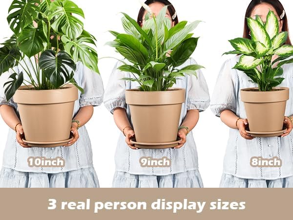 3-Pack 8/9/10 Inch Plastic Plant Pots with Saucers – Durable BPA-Free Planters with 21 Drainage Holes, Bottom Watering Design for Indoor & Outdoor Use, Succulents, Herbs, Flowers – Khaki