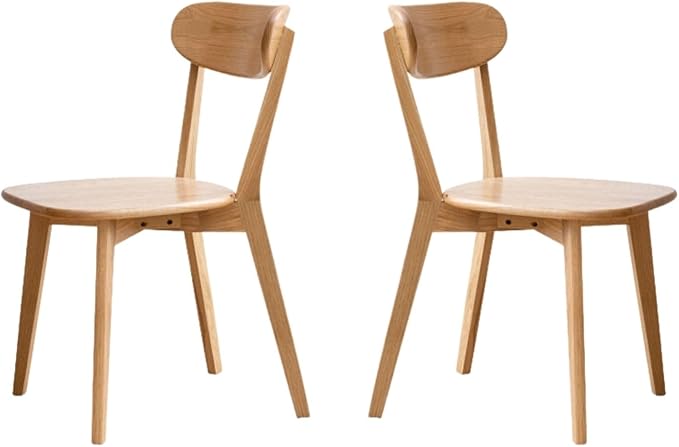 Mid Century Oak Wood Dining Chairs Set of 2, 100% Solid Wood Kitchen Chair with Rounding Edges & Curved Backrest, Modern Armless Accent Dining Chairs for Kitchen Dining, Natural Oak