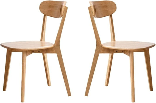 Mid Century Oak Wood Dining Chairs Set of 2, 100% Solid Wood Kitchen Chair with Rounding Edges & Curved Backrest, Modern Armless Accent Dining Chairs for Kitchen Dining, Natural Oak