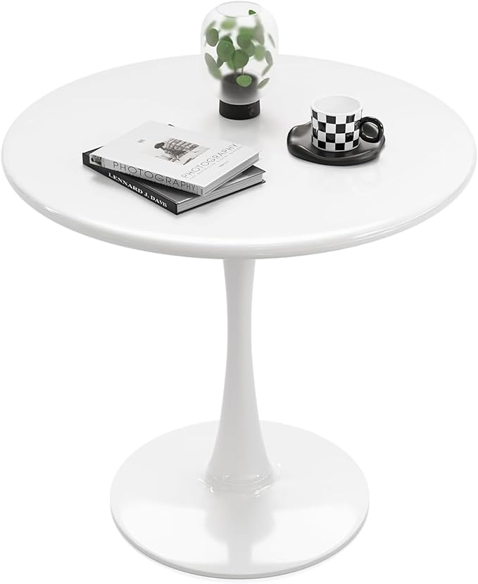 White Round Dining Table for 2 Person, 24 Inch Small Tulip Table with Metal Pedestal for Living Room, Mid Century Modern Kitchen Table for Kitchen, Office, Pub, Bar, Bistro, Circle Cafe Tables