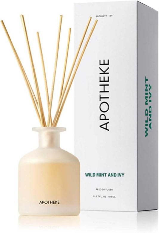 Apotheke Luxury Scented Reed Diffuser for Home, Wild Mint & Ivy - 6.7 Fl Oz Essential Oil Aromatherapy - 10 Rattan Scent Sticks Room Diffuser - Long-Lasting Fragrance for Bedroom, Home, Bathroom