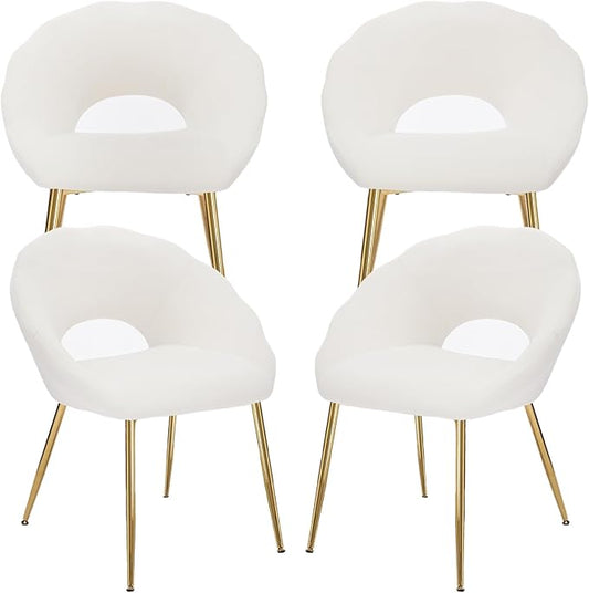 Modern Small Accent Chair Set of 4, Comfy Velvet Vanity Chair with Shell Back & Golden Metal Legs, Decorative Dining Chair no Wheels for Living Room, Makeup Room, Bedroom, Beige