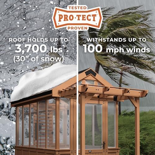 Backyard Discovery Bellerose 9' x 6' Cedar Wood and Polycarbonate Walk-in Greenhouse Kit with Pergola, Exhaust Fan, Windows, Hose Hook-Ups, PowerPort, Staging Shelves for Year-Round Outdoor Gardening