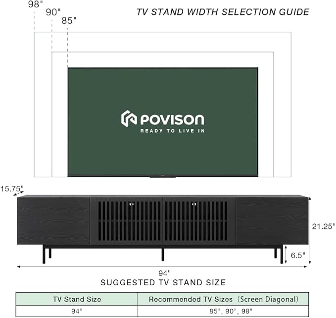 POVISON Full Assembled Mid-Century Modern TV Stand with Slatted Doors, Wood Media Console for 80 85+ Inch TV, TV Console with Tall-cast Metal Legs, Entertainment Center with Storage for Living Room
