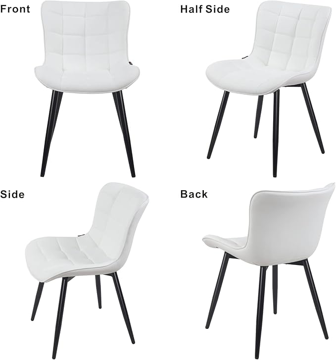 YOUTASTE White Dining Chairs Set of 2, Faux Leather Upholstered Armless Chairs with Back and Black Metal Legs, Mid Century Modern Kitchen Chairs for Living Room, Vanity, or Guest Reception Room