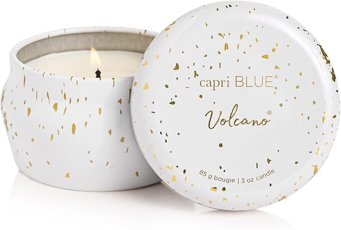 Capri Blue Glimmer Mini Tin - Volcano Scented Candle with Mini Tin Candle Holder - Soy Wax Blend - White and Gold (3 oz)