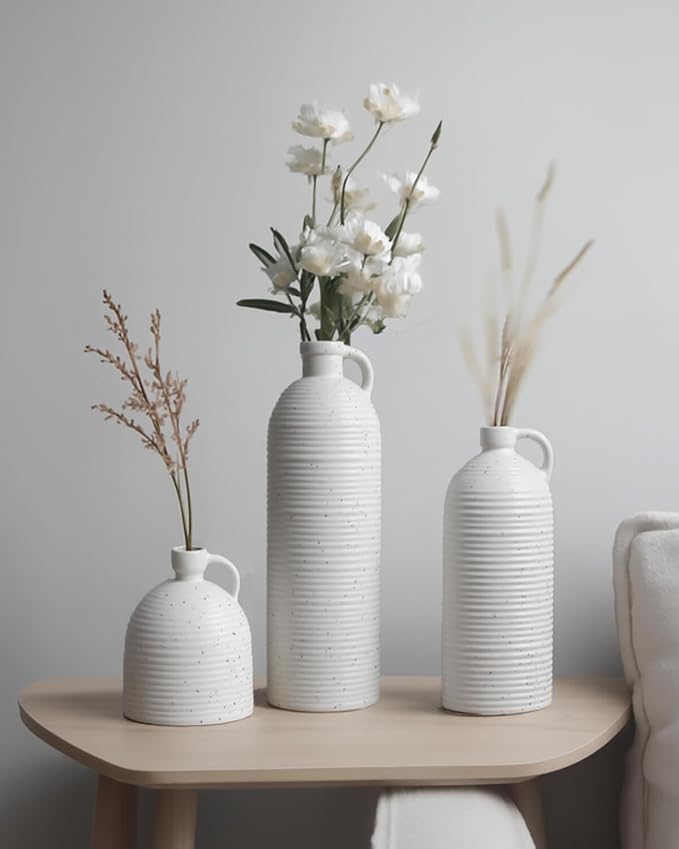 White Ceramic Vase Set of 3 with Handle – Ribbed and Dotted Jug Vases for Rustic Farmhouse Table Centerpiece, Shelf & Mantel Decor