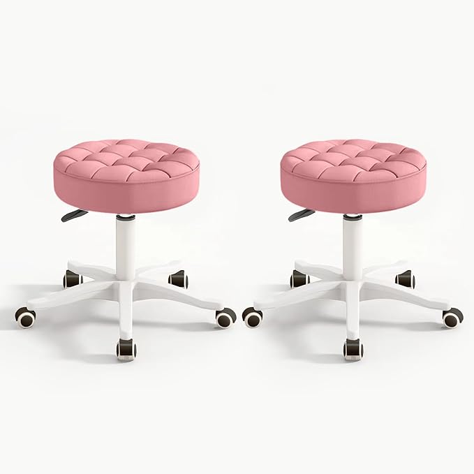 Small Chair Round Rolling Stool with Wheels PU Leather Height Adjustable Swivel Drafting Work SPA Salon Stools Home Office Chair,2 Pack