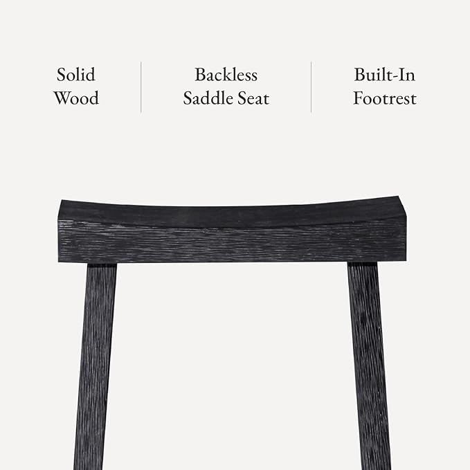 Maven Lane Kitchen Bar Stool, Modern Farmhouse Wood Counter Barstool, Kitchen Island Stool, Counter Height Bar Stools for Kitchen, Wide Seat Backless Bar Stools, Vincent 26", Antiqued Black, Set of 2