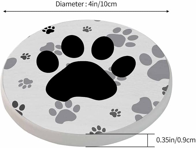 Black and Gray Paws Coaster for Drinks Individual Silhouette Cartoon Animal Dog Cat Paw Print Cute Puppy Kitten Feet Presents for Housewarming Birthday and Family 100% Diatomite 4''X 4'',2 Pack