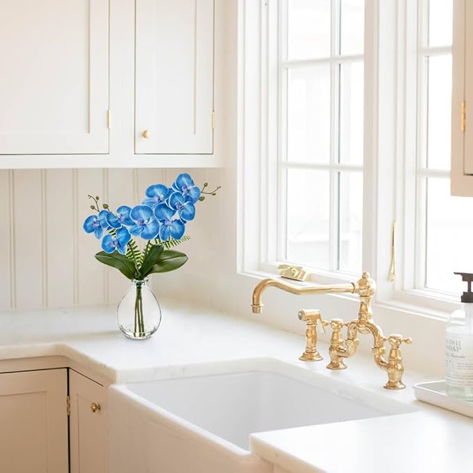 Blue Orchids Artificial Flowers, Faux Orchid in Glass Vase Real Touch Small Phalaenopsis Orchid Flowers Arrangements with Clear Vase Orchid Centerpiece for Dining Room Table